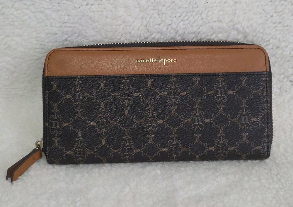 Nanette Lepore Women's Wallet Clutch Zip Around Brown Tan Faux Leather